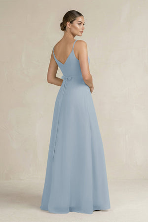 Ruched A - Line Chiffon Bridesmaid Dress with Slit in Dusty Blue - SHE IS ME Bridesmaid Dresses