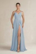 Ruched A - Line Chiffon Bridesmaid Dress with Slit in Dusty Blue - SHE IS ME Bridesmaid Dresses