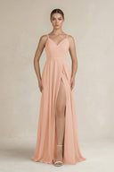 Ruched A - Line Chiffon Bridesmaid Dress with Slit in English Rose - SHE IS ME Bridesmaid Dresses