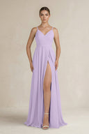 Ruched A - Line Chiffon Bridesmaid Dress with Slit in Lavender - SHE IS ME Bridesmaid Dresses