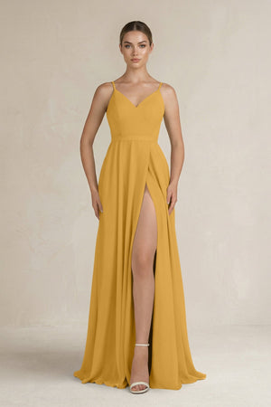 Ruched A - Line Chiffon Bridesmaid Dress with Slit in Marigold - SHE IS ME Bridesmaid Dresses