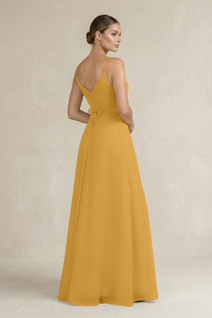 Ruched A - Line Chiffon Bridesmaid Dress with Slit in Marigold - SHE IS ME Bridesmaid Dresses