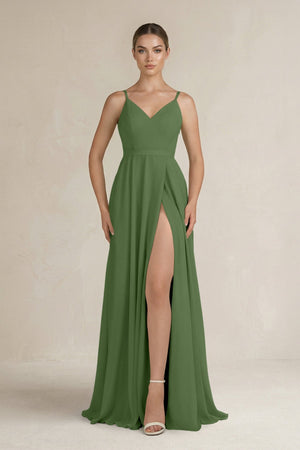Ruched A - Line Chiffon Bridesmaid Dress with Slit in Moss - SHE IS ME Bridesmaid Dresses