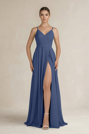 Ruched A - Line Chiffon Bridesmaid Dress with Slit in Navy - SHE IS ME Bridesmaid Dresses