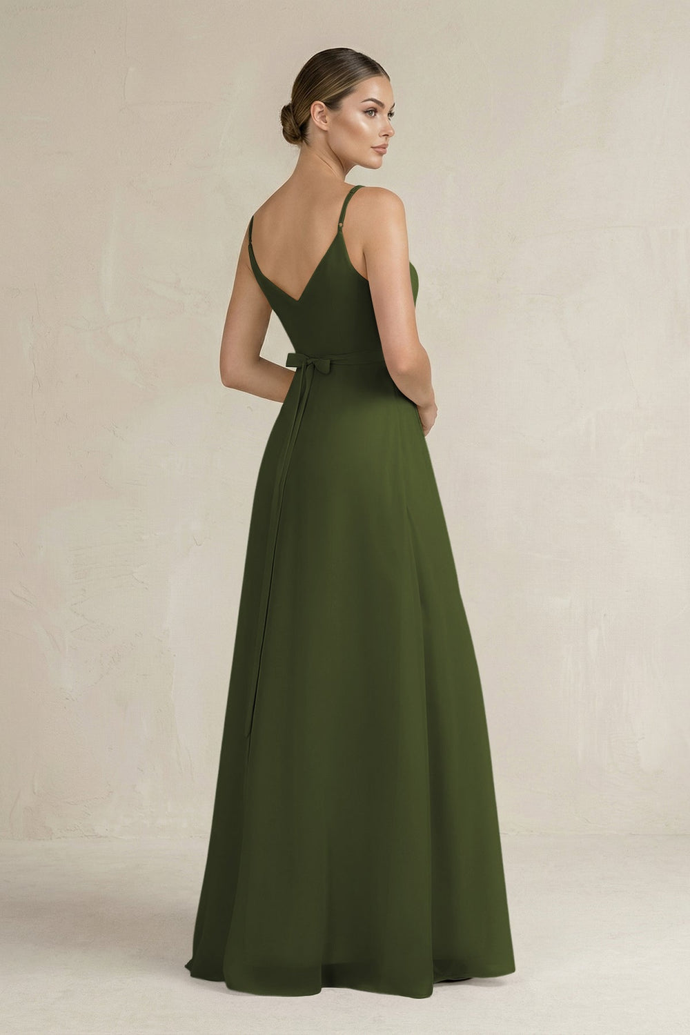 Ruched A - Line Chiffon Bridesmaid Dress with Slit in Olive - SHE IS ME Bridesmaid Dresses