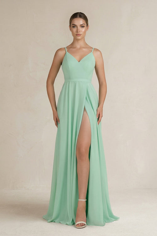 Ruched A-Line Chiffon Bridesmaid Dress with Slit in Pale Pistachio - SHE IS ME BRIDESMAID DRESSES