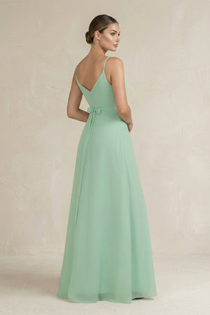 Ruched A-Line Chiffon Bridesmaid Dress with Slit in Pale Pistachio - SHE IS ME BRIDESMAID DRESSES