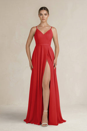 Ruched A - Line Chiffon Bridesmaid Dress with Slit in Ruby Red - SHE IS ME Bridesmaid Dresses