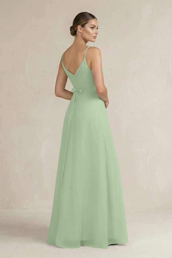 Ruched A - Line Chiffon Bridesmaid Dress with Slit in Sage - SHE IS ME Bridesmaid Dresses