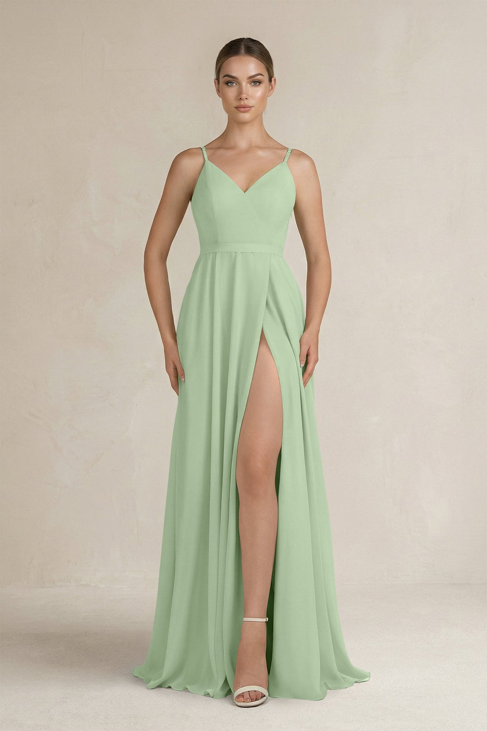 Ruched A - Line Chiffon Bridesmaid Dress with Slit in Sage - SHE IS ME Bridesmaid Dresses