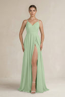 Ruched A - Line Chiffon Bridesmaid Dress with Slit in Sage - SHE IS ME Bridesmaid Dresses