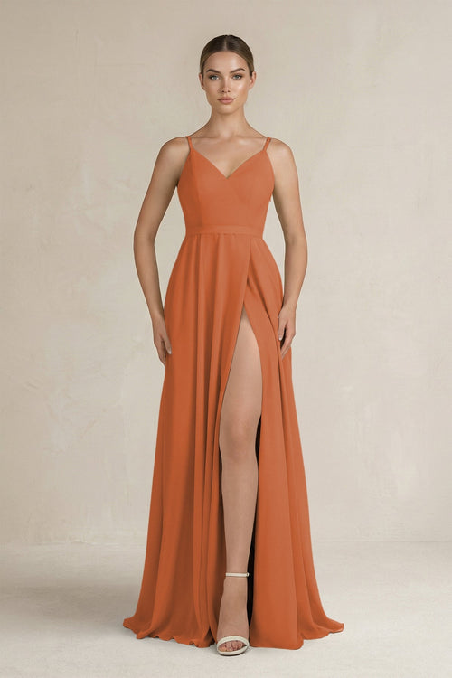 Ruched A - Line Chiffon Bridesmaid Dress with Slit in Terracotta - SHE IS ME Bridesmaid Dresses