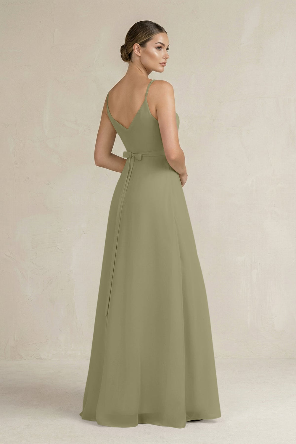 Ruched A - Line Chiffon Bridesmaid Dress with Slit in Thyme - SHE IS ME Bridesmaid Dresses