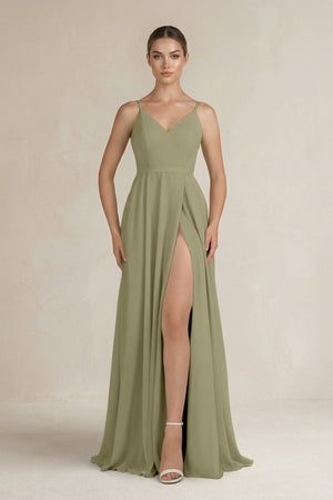 Ruched A - Line Chiffon Bridesmaid Dress with Slit in Thyme - SHE IS ME Bridesmaid Dresses