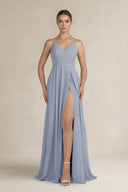 Ruched A - Line Chiffon Bridesmaid Dress with Slit in Twilight - SHE IS ME Bridesmaid Dresses