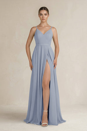 Ruched A - Line Chiffon Bridesmaid Dress with Slit in Twilight - SHE IS ME Bridesmaid Dresses