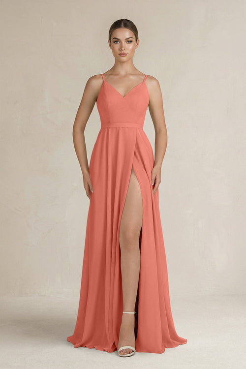 Ruched A - Line Chiffon Bridesmaid Dress with Slit in Wild Rose - SHE IS ME Bridesmaid Dresses