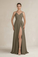 Ruched A - Line Chiffon Bridesmaid Dress with Slit in Willow Green - SHE IS ME Bridesmaid Dresses