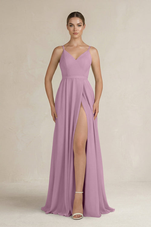 Ruched A - Line Chiffon Bridesmaid Dress with Slit in Wisteria - SHE IS ME Bridesmaid Dresses