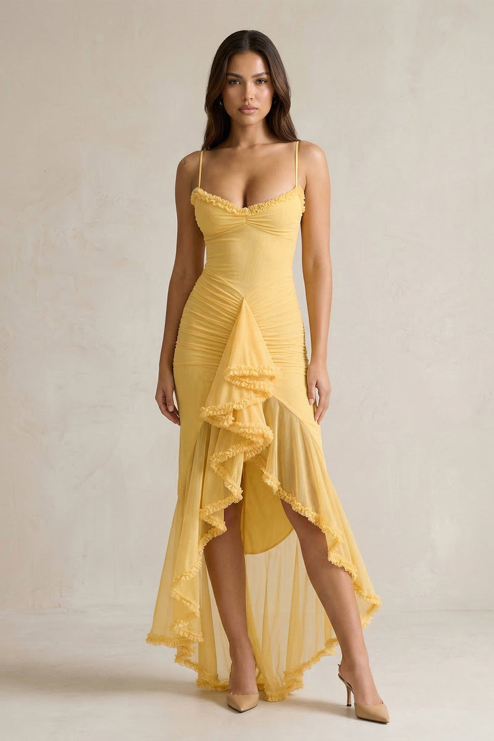 Ruched Maxi Dress With Ruffles in Yellow