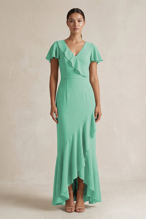 Rufffled V - Neck Sheath Chiffon Bridesmaid Dress in Turquoise - SHE IS ME Bridesmaid Dresses