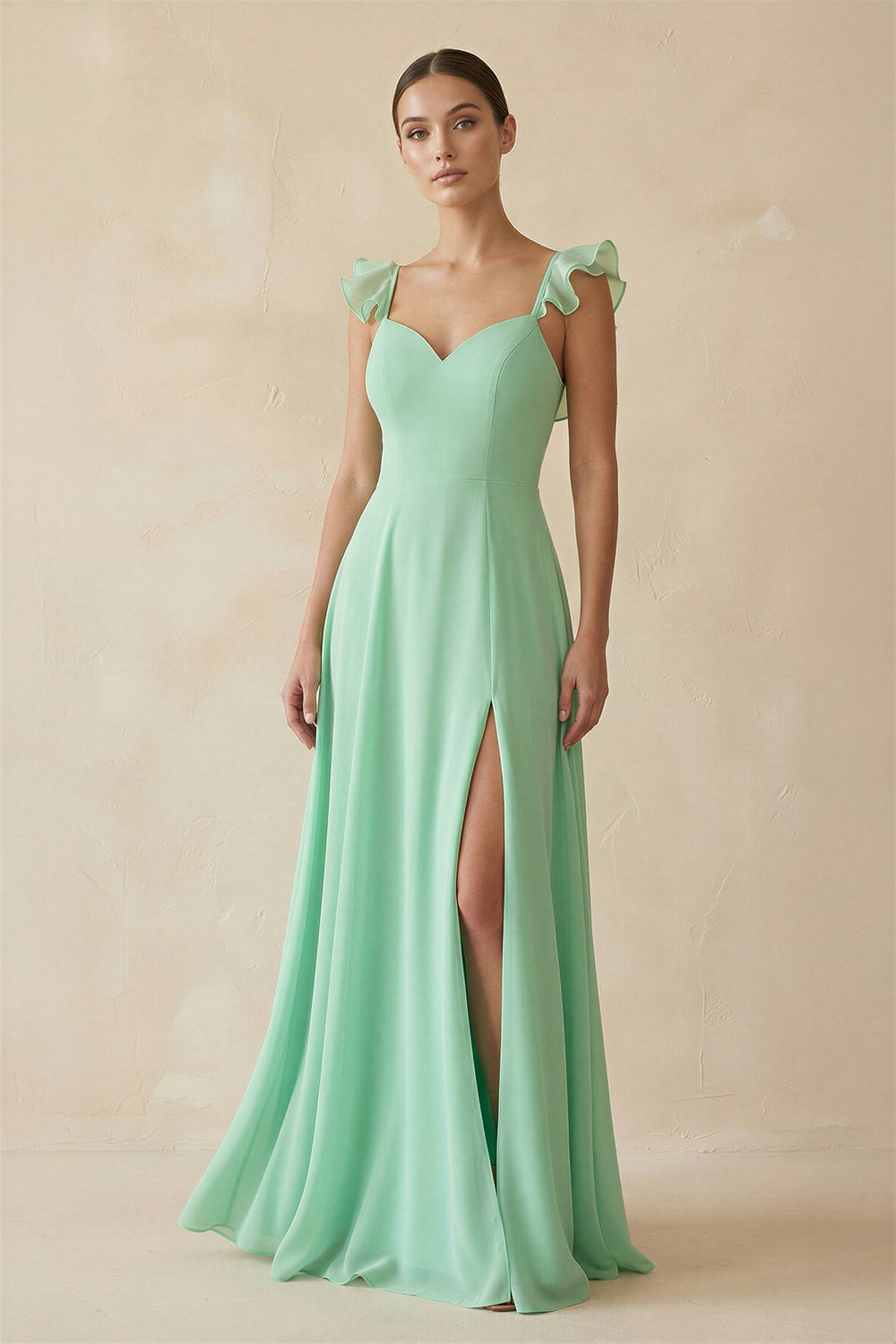 Ruffled Chiffon A - Line Long Bridesmaid Dress - SHE IS ME Bridesmaid Dresses