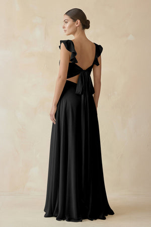 Ruffled Chiffon A - Line Long Bridesmaid Dress in Black - SHE IS ME