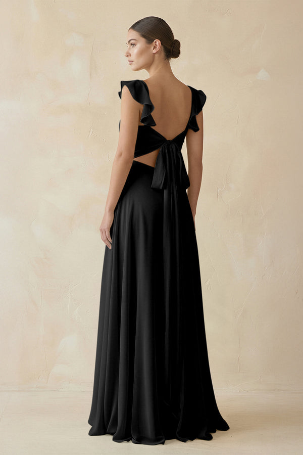Ruffled Chiffon A - Line Long Bridesmaid Dress in Black - SHE IS ME
