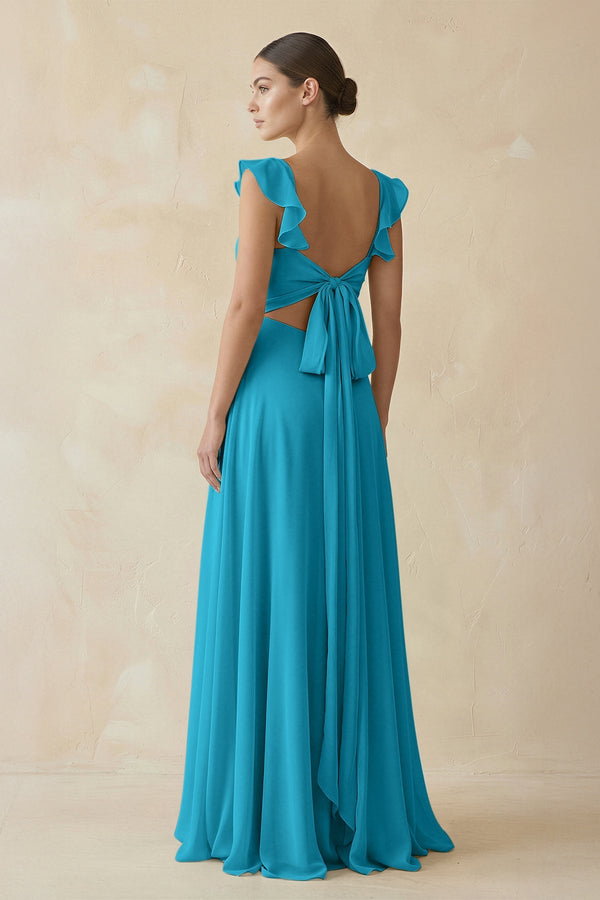 Ruffled Chiffon A - Line Long Bridesmaid Dress in Blue Jay - SHE IS ME