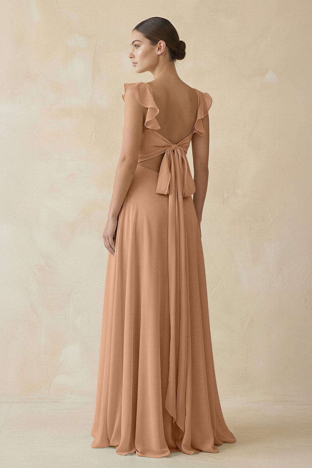 Ruffled Chiffon A - Line Long Bridesmaid Dress in Bronzer - SHE IS ME