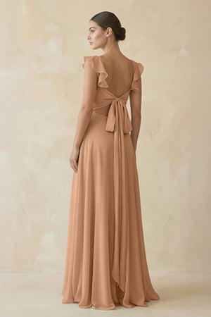 Ruffled Chiffon A - Line Long Bridesmaid Dress in Bronzer - SHE IS ME