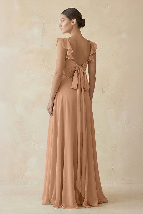 Ruffled Chiffon A - Line Long Bridesmaid Dress in Bronzer - SHE IS ME
