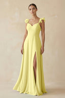 Ruffled Chiffon A - Line Long Bridesmaid Dress in Buttercup - SHE IS ME