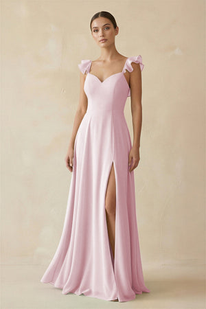 Ruffled Chiffon A - Line Long Bridesmaid Dress in Candy Pink - SHE IS ME