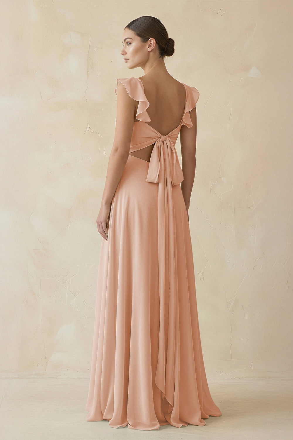 Ruffled Chiffon A - Line Long Bridesmaid Dress in Champagne Rose - SHE IS ME