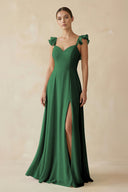 Ruffled Chiffon A - Line Long Bridesmaid Dress in Dark Green - SHE IS ME
