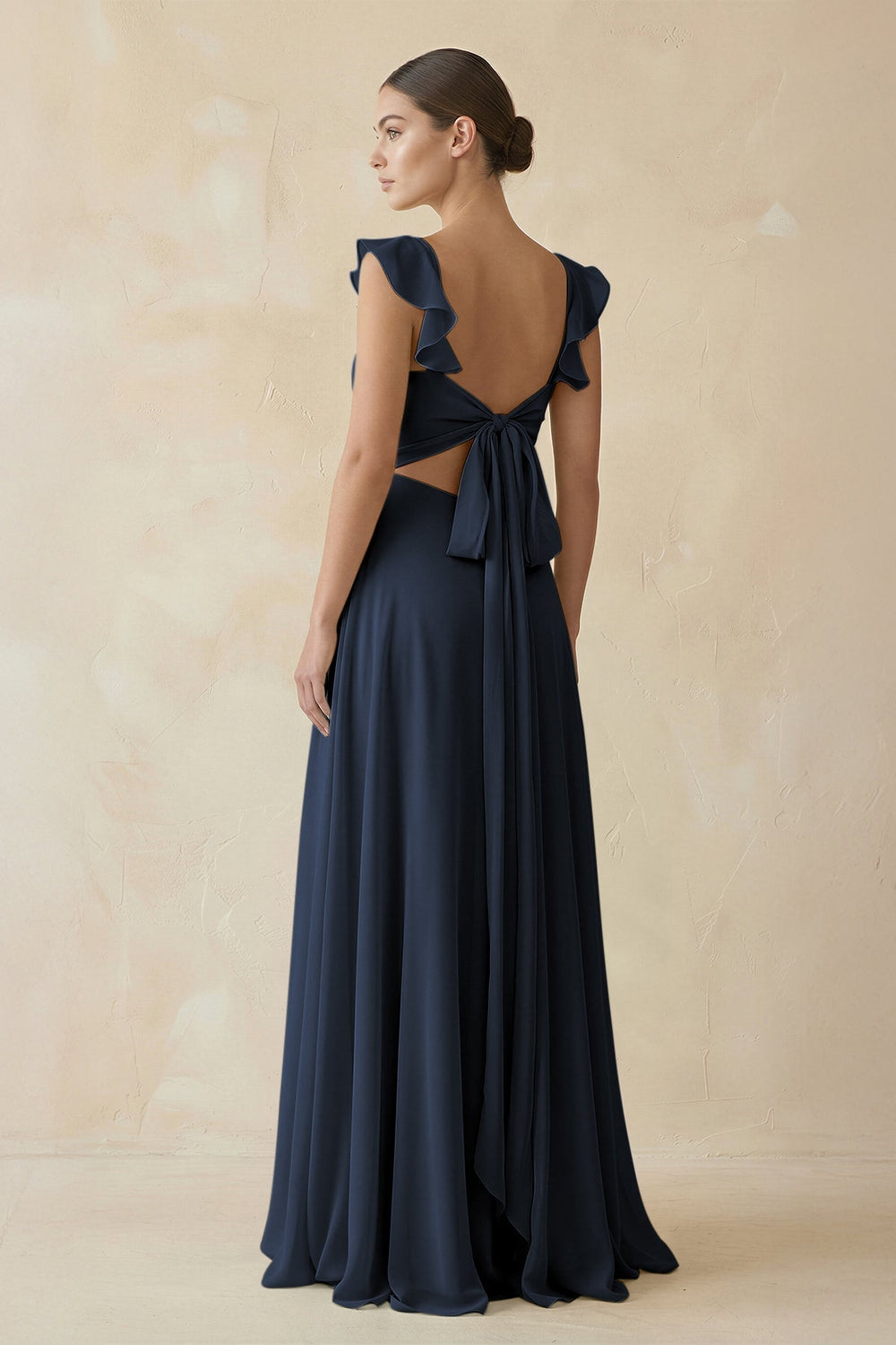 Ruffled Chiffon A - Line Long Bridesmaid Dress in Dark Navy - SHE IS ME