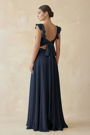 Ruffled Chiffon A - Line Long Bridesmaid Dress in Dark Navy - SHE IS ME