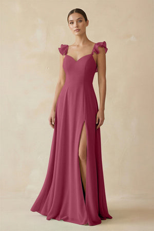 Ruffled Chiffon A - Line Long Bridesmaid Dress in Desert Rose - SHE IS ME