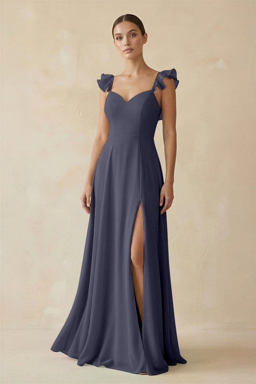 Ruffled Chiffon A - Line Long Bridesmaid Dress in Dusk Blue - SHE IS ME