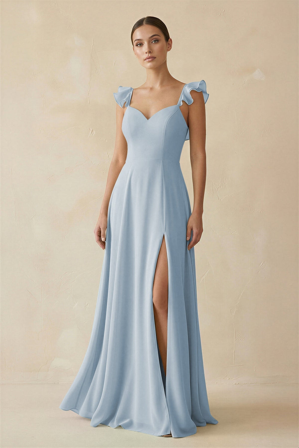 Ruffled Chiffon A - Line Long Bridesmaid Dress in Dusty Blue - SHE IS ME