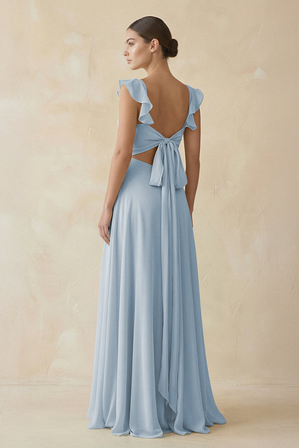 Ruffled Chiffon A - Line Long Bridesmaid Dress in Dusty Blue - SHE IS ME