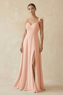 Ruffled Chiffon A - Line Long Bridesmaid Dress in English Rose - SHE IS ME