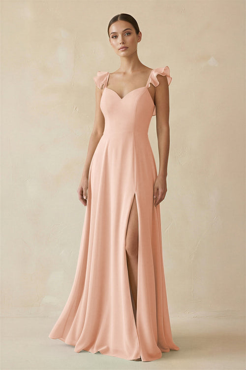 Ruffled Chiffon A - Line Long Bridesmaid Dress in English Rose - SHE IS ME