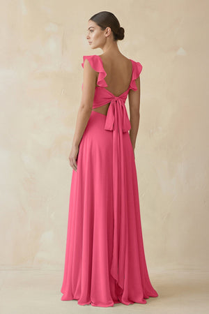 Ruffled Chiffon A - Line Long Bridesmaid Dress in Fuchsia - SHE IS ME