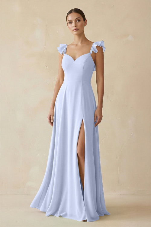 Ruffled Chiffon A - Line Long Bridesmaid Dress in Ice - SHE IS ME