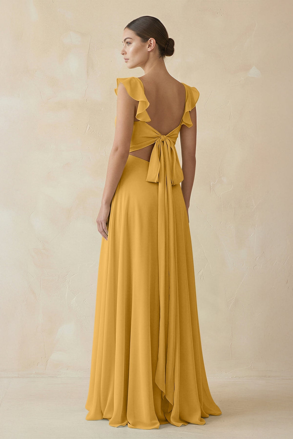 Ruffled Chiffon A - Line Long Bridesmaid Dress in Marigold - SHE IS ME