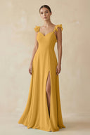 Ruffled Chiffon A - Line Long Bridesmaid Dress in Marigold - SHE IS ME