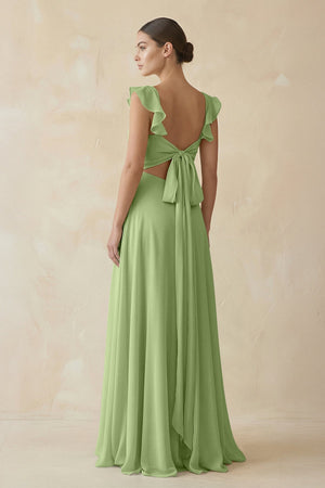 Ruffled Chiffon A - Line Long Bridesmaid Dress in Matcha - SHE IS ME