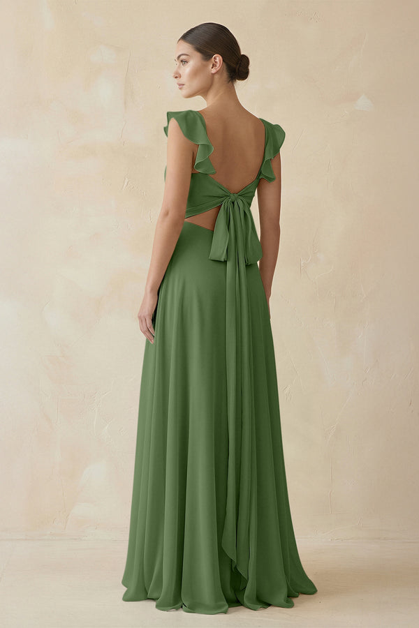 Ruffled Chiffon A - Line Long Bridesmaid Dress in Moss - SHE IS ME